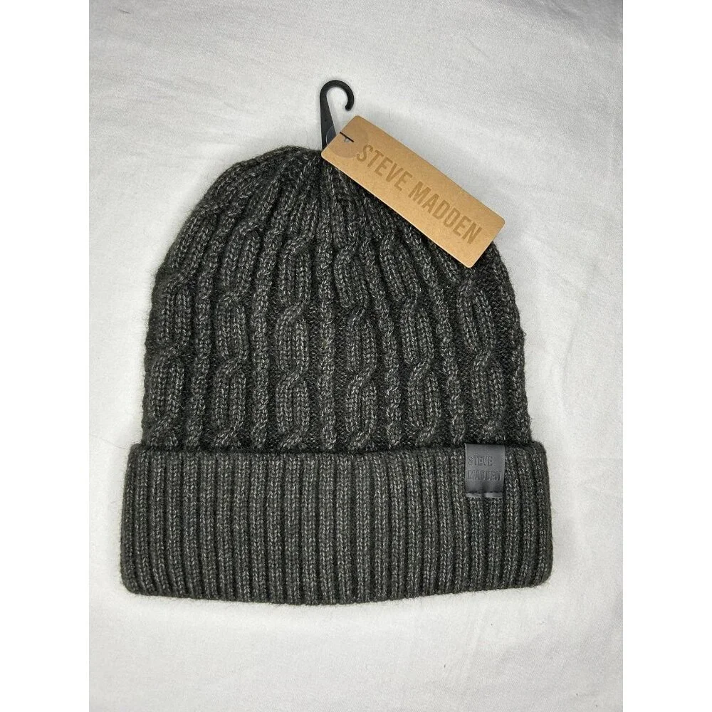 Steve Madden Hat Beanie Cuffed Cable Knit Ribbed OS Heather Black Winter Outdoor